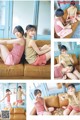 A collage of photos of a woman sitting on a couch.