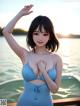 A woman in a blue bathing suit standing on a boat.