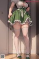 A woman in a green and white dress and stockings posing for a picture.