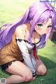 Anime girl with long purple hair crouching on the ground.