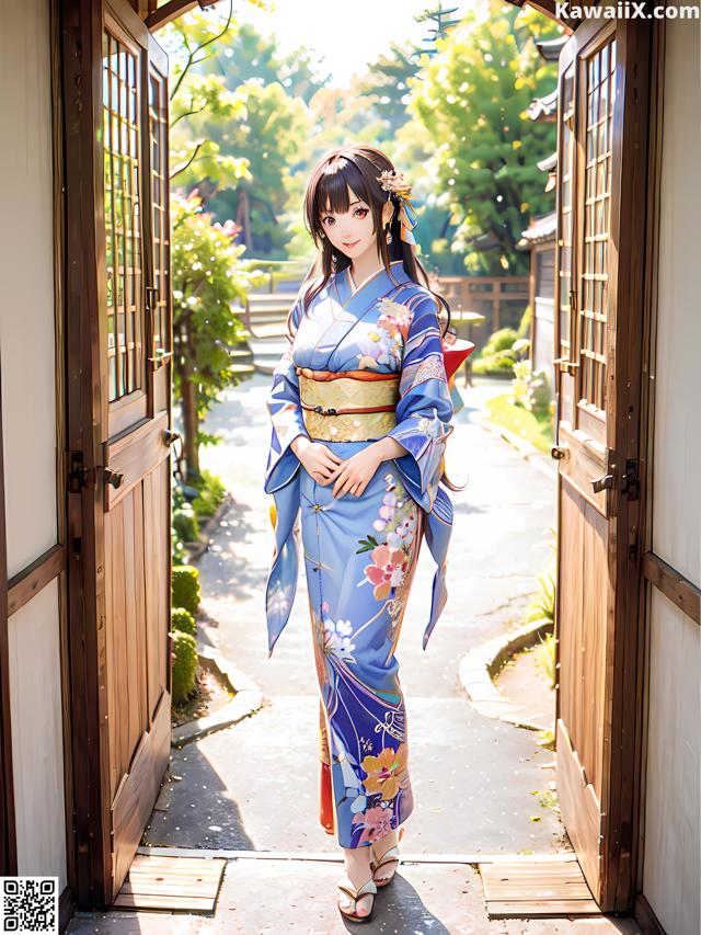 A woman in a blue kimono standing in front of a door.